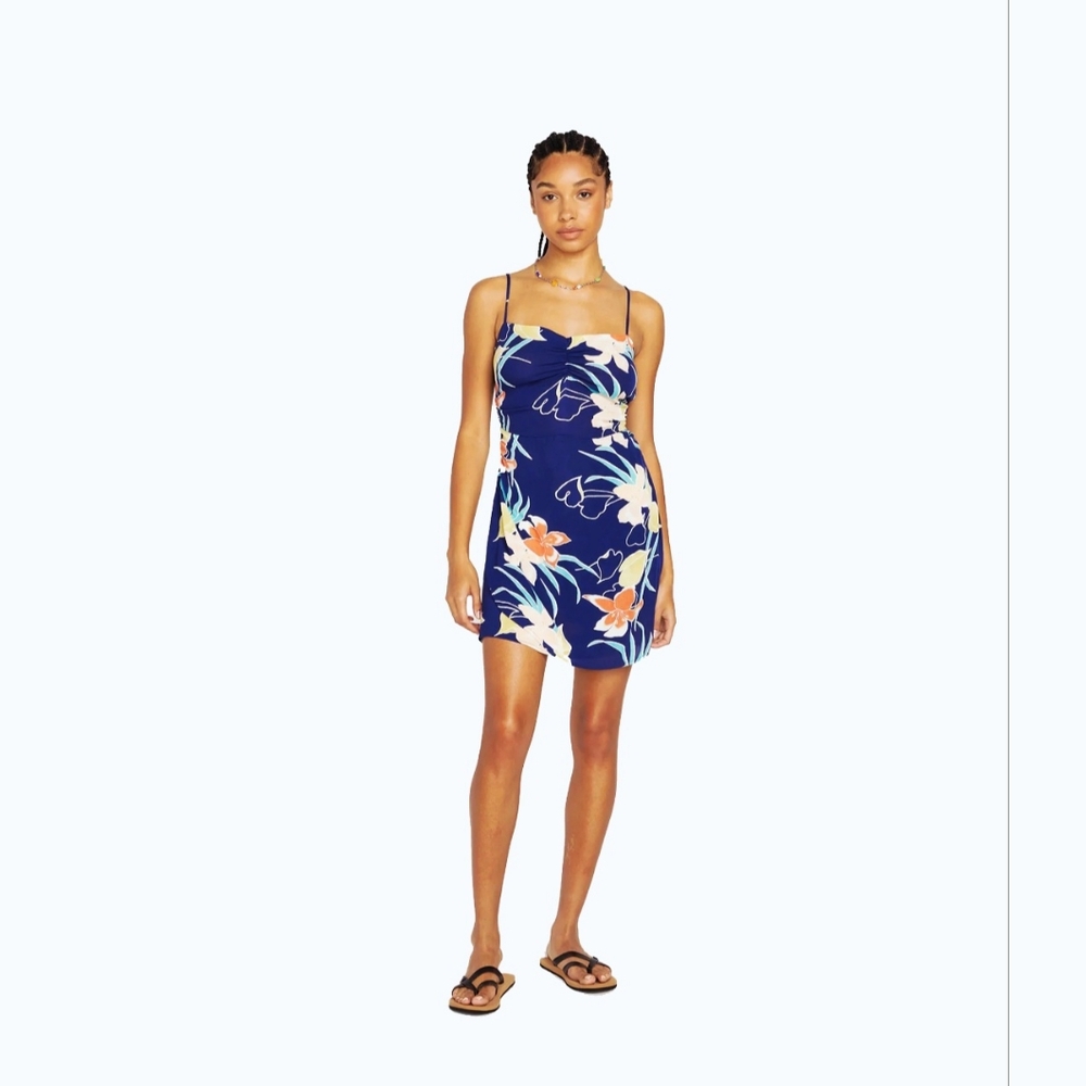 VOLCOM COCOANUT Hut Dress. Floral Print Blue Dress Size Large